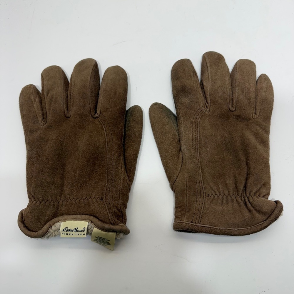 Eddie Bauer Mens XL Brown Suede Leather Faux Shearling Lined Winter Gloves XL/TG